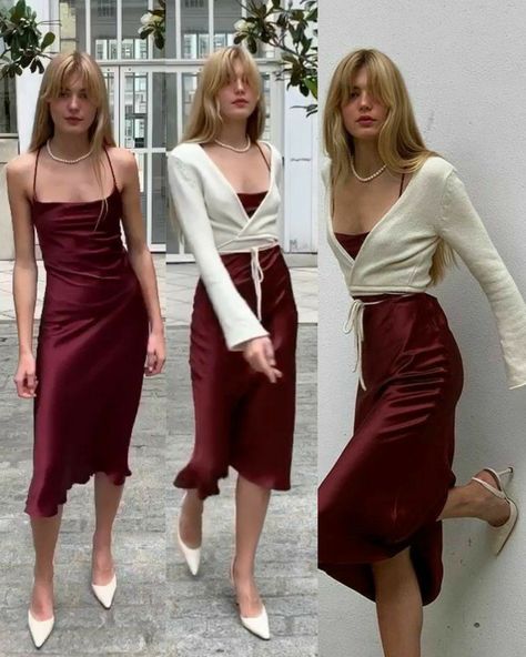 Vintage Semi Formal Outfit, Classy Slip Dress, Formal Slip Dress Outfit, Layering Midi Dress Outfit, Burgundy Dress Outfit Casual, Silk Outfit Aesthetic, Formal Dress With Cardigan, Semi Formal Christmas Party Outfit, Midi Slip Dress Outfit