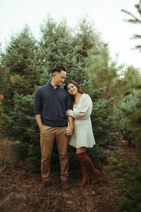 Christmas Tree Farm Couple Photos Outfit, Tree Farm Pictures Family, Family Christmas Pictures Christmas Tree Farm, Outdoor Christmas Tree Family Photos, Christmas Tree Farm Photo Shoot Couple Mini Sessions, Couples Photoshoot Christmas Card, Holiday Tree Farm Family Photos, Christmas Tree Farms Photo Shoot, Christmas Minis Tree Farm