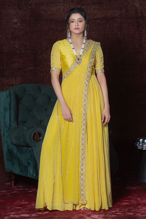 Buy Nidhika Shekhar Yellow Crepe Embroidered Silk Anarkali Online | Aza Fashions Haldi Outfits, Silk Anarkali, Long Gown Design, Anarkali Dress Pattern, Draping Fashion, Indian Party, Gaun Fashion, Indian Party Wear, Indian Gowns