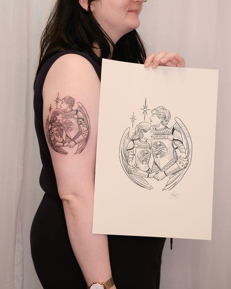 The Lovers of Stargarden 🌌 Thank you so much Jaimee for getting this original design as a tattoo! You were so lovely to work and chat with ☺️ #melbournetattoo #knightart #booktok #throneofglass #sarahjmaas #etching #medieval #medievalart #fantasytattoo #brisbanetattooartist #knightsinlove #medievallove #medievaltattoo Medieval Tattoo Ideas Middle Ages, Medieval Tattoo Flash, Melbourne Tattoo, Medieval Tattoo, Tattoos For Lovers, Fantasy Tattoos, Knight Art, Medieval Art, Flash Tattoo