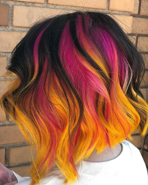 Short Fun Hair Color, Halloween Color Hair, Fun Colors To Dye Your Hair, Colorful Bob Hair, Fun Hair Color Ideas For Brunettes Fall, 3 Color Hair Dye Ideas, Dark Colorful Hair, Sunset Hair Color Short, Creative Colour Hair