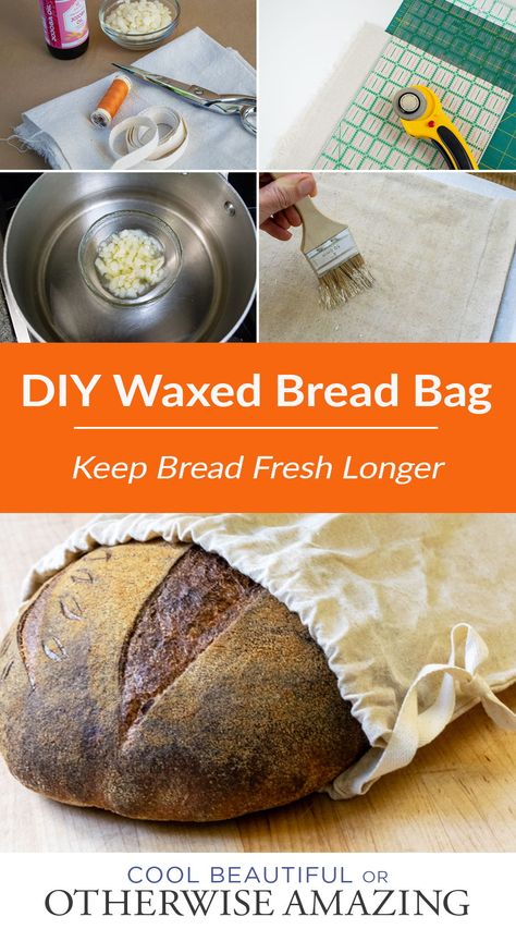 Make a waxed bread bag with this easy sewing pattern and instructions. Your bread will stay fresh for days without a bread box Beeswax Bread Bag Pattern, Homemade Bread Bags How To Make, Diy Bread Bags Sewing Tutorials, Sewing Bread Bags, Sew Bread Bag, Diy Waxed Bread Bag, Cotton Bread Bag, Diy Easy Sewing Gifts, Homemade Bread Bags