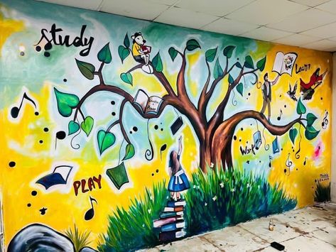 #education #grow#growth #graffiti #painting #paint #ootd #art #india #delhi #murals School Art Murals, Mural Ideas School, Community Mural Ideas, High School Mural, Library Murals, Simple Graffiti, School Wall Art Ideas, Gratitude Wall, Mural Art Design