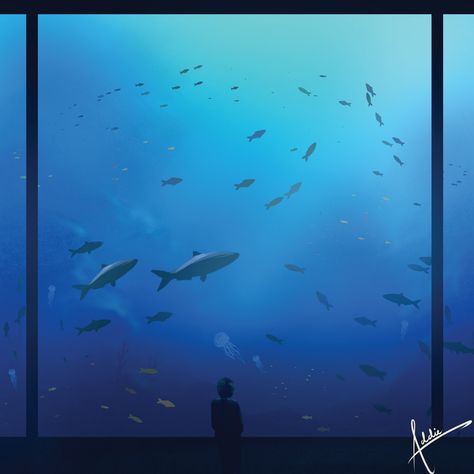 #aquarium #marine #fish #silhouette #blue #digitalart #clipstudiopaint Aquarium Digital Art, Watercolour Aquarium, Aquarium Painting Acrylic, Aquarium Painting Ideas, Aquarium Painting, Ghost Painting Ideas, Aquarium Drawing, Aquarium Art, Ghost Painting