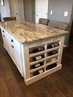 Wine Rack On Kitchen Island, Wine Storage Island, Wine Rack On Island, Diy Built In Wine Rack Cabinets, Island Wine Storage, Wine Rack In Island Kitchen, Kitchen Island Ideas With Wine Rack, Wine Storage In Island, Wine Rack In Kitchen Island