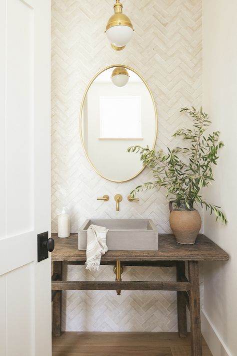 Herringbone Wall Tile, Concrete Vessel Sink, Herringbone Wall, Cottage Bathroom, Decor Studio, Powder Room Design, Beautiful Bathrooms, Guest Bathroom, Wood Dining Table