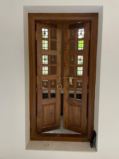 Pooja Room Door Designs Woods, Pooja Room Gate Design, Kerala Style Pooja Room Design, Kerala Pooja Room Designs, Double Door Pooja Room Design, Puja Room Door Design Wood, Door Design For Pooja Room, Doors For Pooja Room, Kerala Door Design