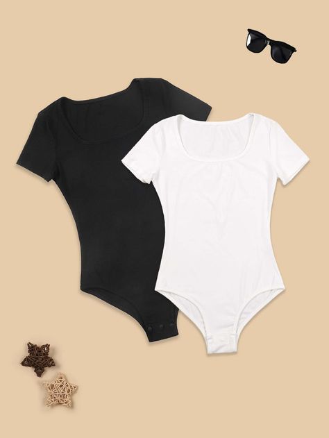 Black and White Casual  Short Sleeve Rayon Plain Tee Embellished High Stretch Summer Girls Clothing Shein Kids, Ribbed Knit Bodysuit, Shapewear Bodysuit, Knit Bodysuit, Short Sleeve Bodysuit, Black Bodysuit, Favorite Dress, Fashion Online Shop, Pretty Outfits