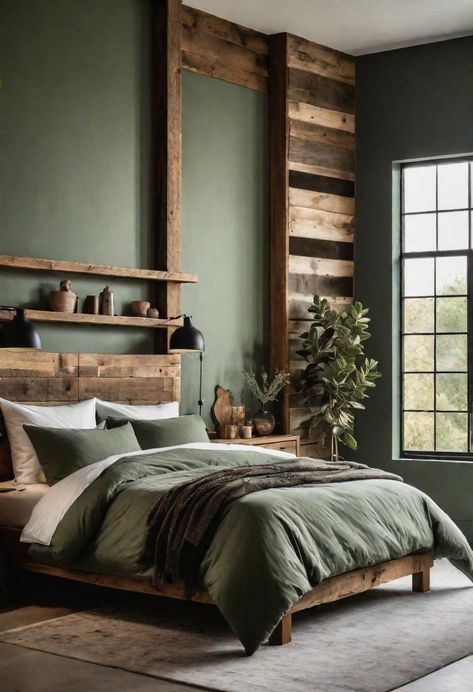 Olive Green Bedding Master Bedrooms, Olive Green Room Ideas, Sage Green Farmhouse Bedroom, Sage Ideas, Green Farmhouse Bedroom, Bedroom Ideas Trendy, Sage Green Farmhouse, Olive Green Bedroom, Cabin Bedrooms