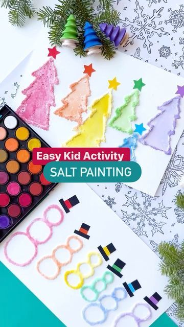 Salt Painting For Kids Christmas, Process Christmas Art Preschool, Christmas Salt Painting For Kids, Salt Snowflake Art, Snowflake Salt Painting, Christmas Salt Painting, Christmas Painting Activities, Salt And Watercolor Painting, Christmas Experiments For Kids