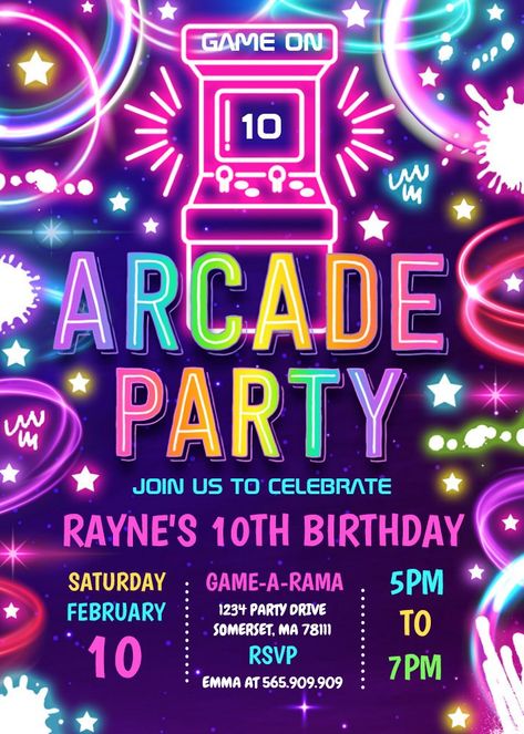 Neon Glow Retro Arcade Gaming Birthday Party Invitation Gamers Party Ideas, Arcade Birthday Party, Playstation Party, Birthday Party Neon, Arcade Birthday Parties, Boys Birthday Invitations, Gaming Birthday Party, Arcade Birthday, Arcade Party