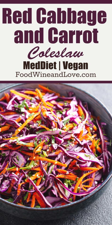 Red Cabbage and Carrot Coleslaw gluten free, vegan, Mediterranean diet friendly and easy vegetable based side or salad. YUMMY! Cabbage Salad Recipes Healthy, Vegan Mediterranean Diet, Carrot Coleslaw, Red Cabbage Coleslaw, Vegan Mediterranean, Red Cabbage Recipes, Red Cabbage Salad, Red Cabbage Slaw, Carrot Slaw