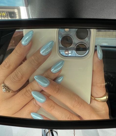 Blue Barbie Nails, Barbie Blue Nails, Dusty Blue Chrome Nails, Blue Nails Crome, Blue Crome Nails Acrylic French, Nails Chrome Blue, Milk Blue Nails, Light Blue Chrome French Tip Nails, Light Blue Shiny Nails