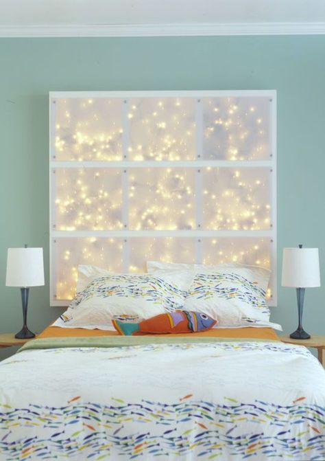 Mood lights always help to create romantic ambiance in a bedroom. That's why it's a good idea to put them into a headboard. You can make it as large as you Idea Bilik Tidur, Cool Headboards, Headboard Projects, String Lights In The Bedroom, Diy String Lights, Hiasan Bilik Tidur, Headboard With Lights, Decor Ikea, Cabinet Kitchen