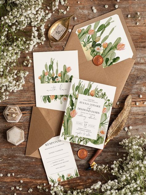 Desert Wedding Invitation, Cactus Wedding Invitation, Boho Wedding Invitation, Arizona Wedding, Canyon, Succulent, Printed Invitation - Etsy Cactus Themed Wedding, Desert Wedding Colors Palette, Green Desert Wedding, Desert Theme Wedding, Arizona Wedding Ideas, Sedona Wedding Invitations, Desert Wedding Invites, Desert Theme Wedding Invitations, Outback Wedding