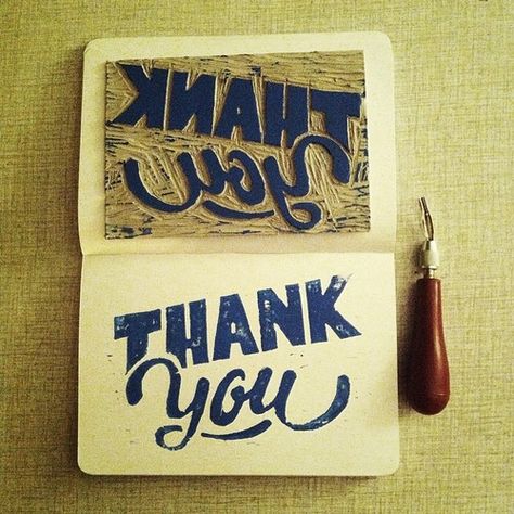 Lino Block - Thank you. ~ Kyle Gallant Lino Print Letters, Block Print Typography, Thank You Linocut, Block Print Thank You Card, Linocut Thank You Cards, Linocut Lettering, Thank You Card Design Aesthetic, Print Making Designs, Packaging Stamps