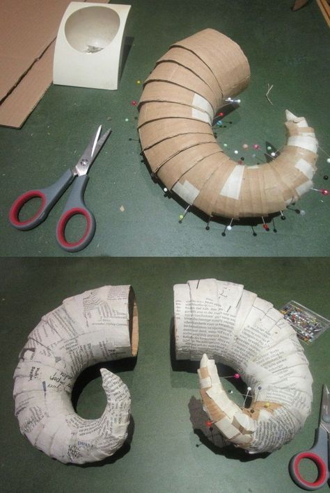 how to make DIY horns for LRP costume - for tiefling etc  lightweight headpiece Kartu Pokemon, Instruções Origami, Dragon Costume, Cosplay Tutorial, Cosplay Diy, Fantasias Halloween, Cardboard Crafts, Mix Media, Diy Costumes