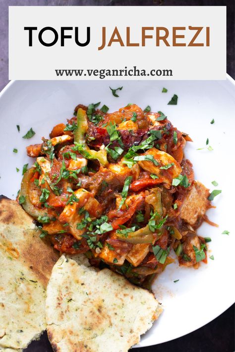 Vegan Tofu Jalfrezi Curry - pan seared tofu and bell peppers simmered in a spicy gravy flavored with a blend of fresh ginger and garlic, along with Indian spices. Serve with naan! Tomato Stir Fry, Protein Entrees, Curry Pan, Jalfrezi Curry, Vegetable Jalfrezi, Seared Tofu, Vegetarian Recepies, Spicy Gravy, Veggie Lasagna