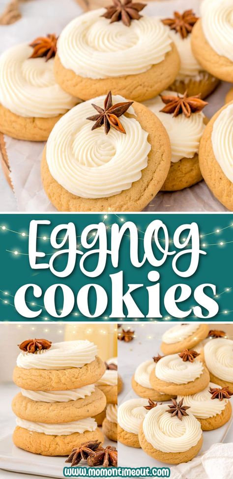 Festive and delicious Eggnog Cookies are soft and chewy and topped with a luscious eggnog frosting!  Easy to make, with no chill time required, these cookies are sure to become a new holiday favorite in your home! Egg Nog Cookies, Winter Wonderland Cookies, Top Christmas Cookies, Eggnog Frosting, Egg Nog Cookies Recipe, Wonderland Cookies, Eggnog Cookies, Christmas Baking Cookies, Mom On Timeout