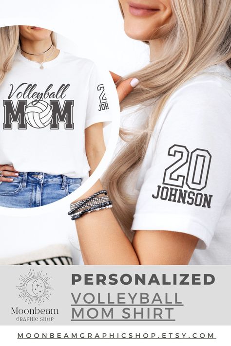 The perfect gift for the Volleyball Mom in your life! This personalized shirt is a great way to show your appreciation for her birthday, Mother's Day, or any occasion.  She'll love cheering on her favorite player (with their number and last name on the sleeve!) in style. #volleyballmom #gift #mothersday #birthday #volleyballlife #volleyballmomshirts #volleyballmomgiftidea #volleyballmomoutfit #teammomgiftsvolleyball #teammomvolleyballshirts #clubvolleyballteammom Volleyball Mom Shirts Design, Team Mom Gifts, Volleyball Mom Shirts, Unique Graphic Design, Volleyball Shirts, Vinyl Monogram, Volleyball Mom, Team Mom, Volley Ball