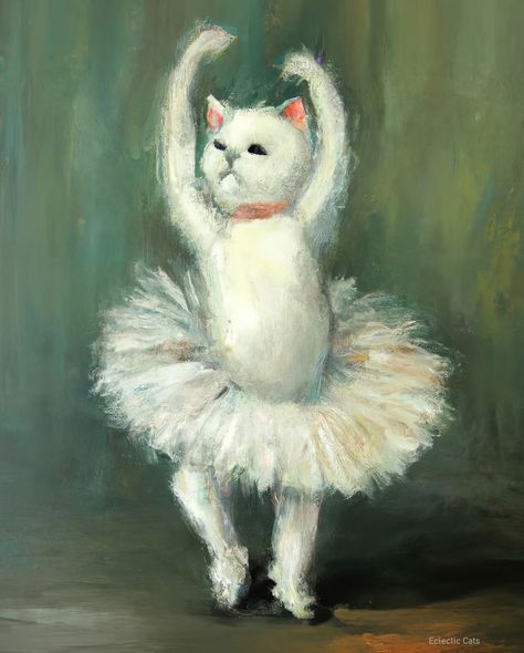 Maybe a bit on kitschy side, but kind of cute anyway. Famous Paintings With Cats, Ballet Cat Illustration, Posters For Ur Room, Funny Cat Paintings, Cat Painting Easy, Cat Ballerina, White Cat Painting, Cute Cat Poster, Ballerina Cat