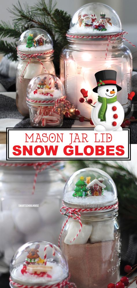 Mason Jars Snow Globes, How To Make Snow Globes With Mason Jars, Snow Globe Topped Mason Jar, Mason Jar Globes, Christmas Domes Diy, Snow Globe Mason Jar Gifts, Snow Globe Mason Jars Diy, Mason Jar Snow Globes Diy, Nativity Snow Globe Diy