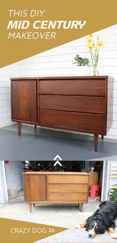 Mid century wood refinishing to make a sideboard rich and beautiful again. Mid Century Modern Stain Color, Refinishing Mcm Furniture, Mcm Sideboard Makeover, Mcm Buffet Makeover, Bleached Mid Century Furniture, Refinishing Mid Century Furniture, Mid Century Modern Dresser Makeover Diy, Bedroom Makeover Modern, Refinishing Dresser