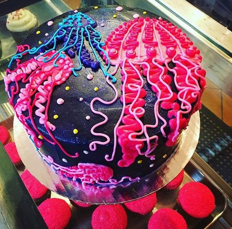 Check out this cool #jellyfish#cake we did for a #birthday#party last weekend!  Our cake decorators love to #create new and #amazing #cakeart!  Call us today to inquire about your next #dreamcake  #jamesandthegiantcupcake#oaklandcakes#cakecakecake #neonjellyfish Jellyfish Birthday Theme, Jellyfish Cupcake Cake, Jelly Fish Cake Ideas, Jellyfish Cake Ideas, The Last Of Us Birthday Cake, Jellyfish Birthday Cake, Jellyfish Birthday Party, Ocean Animal Birthday Cake, Summer Themed Cakes