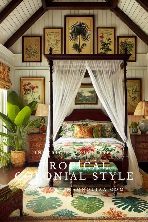 Discover the elegance of British Colonial style with a tropical twist! Explore creative ideas for infusing your home with a touch of the tropics, and get inspired to transform your space into a serene colonial retreat.  #interiordesign #homedecor #tropicalinteriors #tropicalhomes Modern British Colonial Style Bedroom, British West Indies Style Bedroom, Tropical Guest Room, Tropical Colonial Interior, Tropical British Colonial Bedroom, British Colonial Style Bathroom, French Colonial Interior Design, Tropical Colonial Decor, British Colonial Bathroom