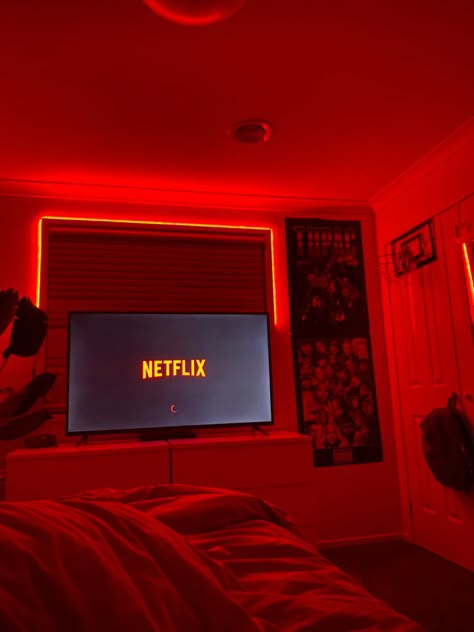 Red Led Room Aesthetic, Red Led Bedroom, Tv In Bedroom Aesthetic, Red Led Room, Bushcraft Aesthetic, Red Light Room, Red Lights Bedroom, Cute Background For Zepeto, Movie Bedroom