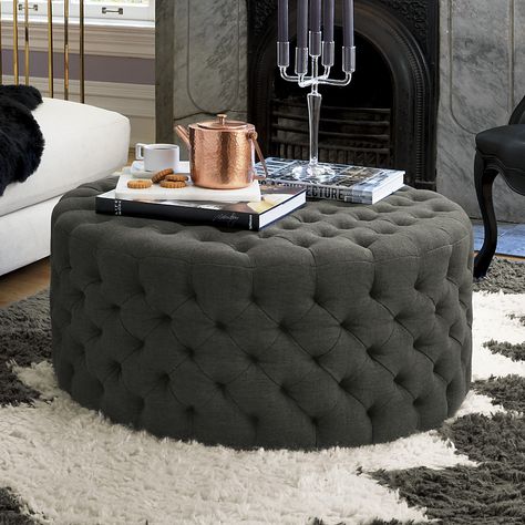 I love these giant ruffed ottomans! Going to have to wait for a giant room to put one in.  piazzasofatuftedottomanAVACJN16 Rolling Ottoman, Large Ottoman, Modern Ottoman, Tufted Ottoman, Sofa End Tables, Cocktail Ottoman, Round Ottoman, Black Furniture, Ottoman Coffee Table