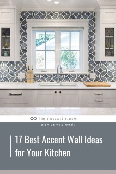 Accent walls are a great way to brighten up any space in your home. Want to give your kitchen a fresh new look? Check out these 17 accent wall mural ideas for your kitchen for a little inspiration! | Limitless Walls - Premium Wall Murals Tile Accent Wall Kitchen Backsplash Ideas, Textured Wallpaper In Kitchen, Wallpaper For Kitchen Accent Wall, Bold Kitchen Colors For Walls, Best Accent Wall Colors Kitchen, Tiled Wall In Kitchen, Feature Wall In Kitchen Ideas, Kitchen Wall Ideas Diy, Vinyl Wallpaper Backsplash