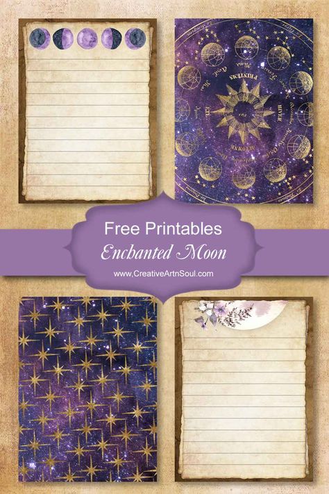 Free Moon-Themed Printables Witchy Journal Printables, Moon Planner Printable, Moon Theme Junk Journal, Moon Junk Journal, Free Celestial Printables, Space Junk Journal, Moon Journal Free Printable, Free Moon Printables, Witch Junk Journal Printables Free