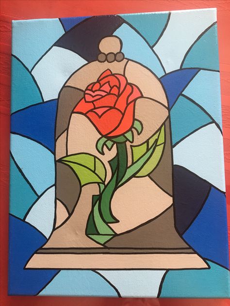 . Beauty and the Beast. 9x12 canvas with acrylic paints, black oil based marker, and ModPodge glossy finish Disney Paintings Easy Beauty And The Beast, Beauty And The Beast Stained Glass Rose, Very Big Canvas Painting Ideas, Beauty And Beast Painting, Canvas Sketch Ideas Drawings, Nice Drawings Creative, 9x12 Canvas Painting Ideas Easy, 24x36 Painting Ideas, Easy Beauty And The Beast Painting