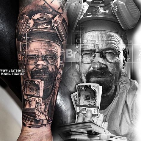 Breaking bad forearm action on a Friday morning with @vtattoo.miguelbohigues out of Valencia (España). Some great work on his feed check him out 👌🏼 #walterwhite #breakingbadtattoo #forearmtattoo #valenciatattooconvention #tattoos #tattooartist #miguelbohigues #valenciaspain #orangeblossomcoast Walter White Tattoo, Heisenberg Tattoo, Breaking Bad Tattoo, Mangas Tattoo, V Tattoo, Hyper Realistic Tattoo, G Tattoo, Gangsta Tattoos, Tattoo Themes