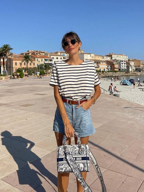 Trust Me—Every French Woman Owns This Chic Summer Staple Striped Tshirt Outfits, Striped Shorts Outfit, Outfits With Striped Shirts, Wfh Outfits, Shirt Outfit Summer, Simple Summer Outfits, Shorts Outfits Women, Summer Shorts Outfits, Stripe Outfits