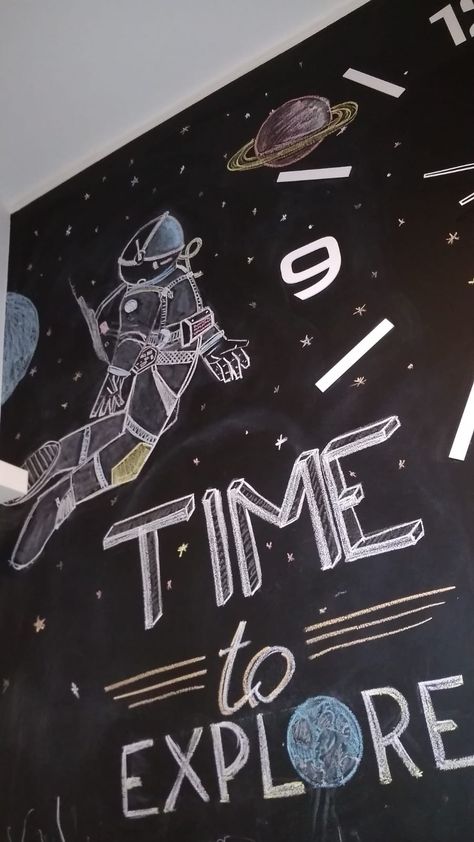 Kitchen ideas chalk inspiration - cosmonaut is exploring Black Board Decoration Ideas School, Chalk Inspiration, School Decoration, Chalk Wall, Birthday Illustration, Astronaut Art, Chalkboard Designs, Cape Canaveral, Black Board