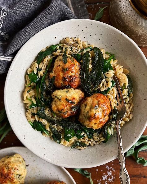 Chicken And Spinach Meatballs, Lemon Butter Chicken Meatballs With Creamy Spinach Orzo, Sage Chicken Meatballs With Orzo, Turkey Sage Meatballs, Baked Sage Chicken Meatballs With Parmesan Orzo, Chicken Sage Meatballs, Sage Chicken Meatballs, Sage Meatballs, Meatballs With Spinach