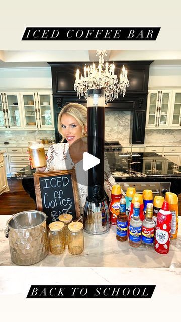 Macy Blackwell on Instagram: "Iced Coffee Bar!☕️ Invite your mom friends over on the first day of school and set up this cute and much needed coffee station!   Fill up the tower with cold brew! This one takes 2 jugs (I used Starbucks blonde roast), and the frozen middle will keep it chilled!   Add cute iced coffee glasses (got these at TJ Maxx), ice, variety of creamers, syrups, and whipped cream!   Linked in my LTK!   #backtoschool #coffeebar #icedcoffee #familyfun #schooltime" Party Coffee Bar Ideas, Iced Coffee Bar Ideas Party, Cold Brew Coffee Bar, Ice Coffee Bar, Coffee Bar Ideas For Party, Iced Coffee Bar, Senior Breakfast, Coffee Baby Shower, Cute Iced Coffee