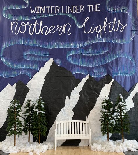 Winter Dance Decorations Diy, Northern Lights Backdrop, Northern Lights Bulletin Board, Northern Lights Dance Decorations, Aurora Borealis Decorations, Northern Lights Themed Dance, Northern Lights Decorations Ideas, Northern Lights Party Decorations, Winter Concert Decorations