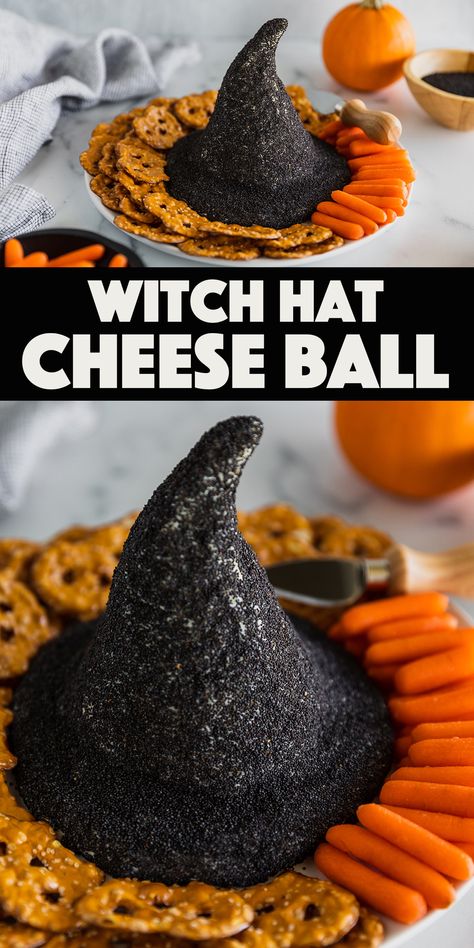 White Cheddar Witch Hat Halloween Cheese Ball - a bewitching Halloween appetizer that is perfect for any spooky season party. Halloween Foods For Party Easy, Essen, Witch Hat Appetizer, Halloween Cheeseball Recipes, Halloween Night Food Ideas, Witch Party Appetizers, Spooky Treats Savory, Halloween Cheese Board Ideas, Cheese Ball Recipes Halloween