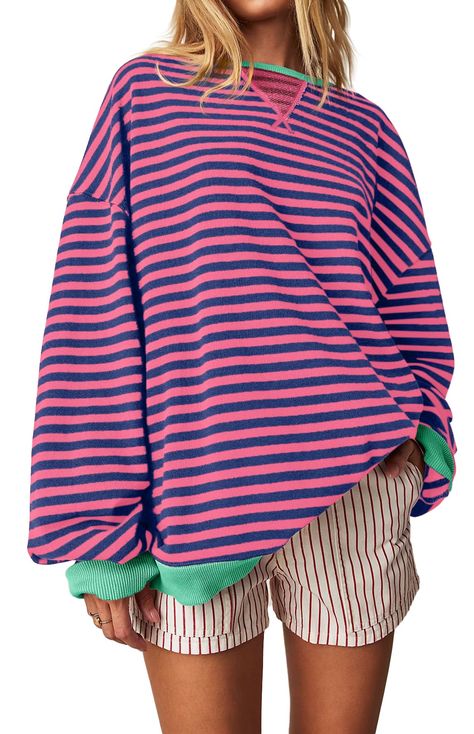 PRICES MAY VARY. 【What Material We Use】: We believe in providing our customers with the best quality products. Women oversized striped sweatshirt is made of high quality cotton blend, it is super soft, stretchy, breathable and skin-friendly, to keep you comfortable and relaxed all day, suitable for Spring, Summer and Autumn. 【Colorblock Tops Chic Design】: Color block striped sweatshirt for women girls, crew neck long sleeve drop shoulder shirt top, ribbed neck, cuffs and hem, loose fit. The uniq Cute Striped Sweaters, Cute Tops For School Casual, Clothes 2024 Trends, High Fashion Colorful, Gen Z Fall Fashion, Where To Buy Cute Tops, Casual Day Outfits Summer, Cute Amazon Clothes, Running Sweatshirts