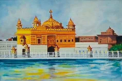 Shri Harmandar Sahib  Golden Temple  Amritsar Punjab India Golden Temple Amritsar Drawing, Golden Temple Canvas Painting, Golden Temple Amritsar Painting, Golden Temple Drawing, Golden Temple Sketch, Temple Drawing, Golden Temple Amritsar, Posters Aesthetic