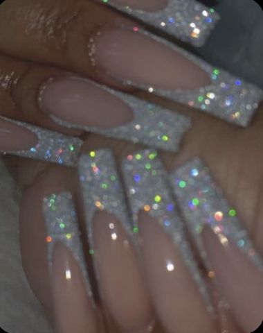 White Acrylic Nails With Glitter, Prom Nails White, Simple Prom Nails, White Sparkle Nails, Silver Sparkle Nails, Sliver Nails, Silver Acrylic Nails, Dance Nails, Nail Party