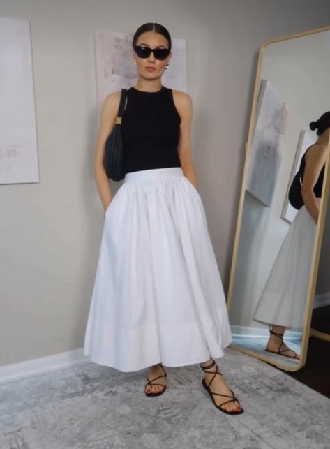 White Skirt Midi Outfits, Minimal Skirt Outfit, White A Line Skirt Outfit, White Poplin Skirt Outfit, White Midi Skirt Outfit Summer, White Cotton Skirt Outfit, Skirt Elegant Outfit, White Skirt Outfit Ideas, White Midi Skirt Outfit