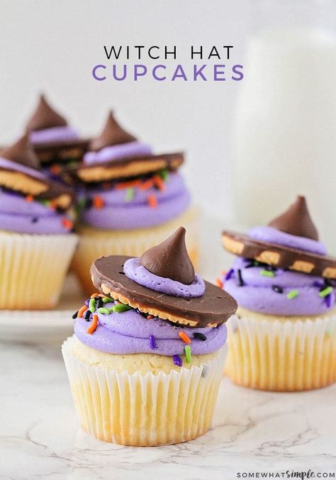 Oct 5, 2019 - Witch hat cupcakes are a perfect treat for a Halloween party. Made using cookies and a Hershey's kiss, they are adorable and taste great! Which Hat Cupcakes, Halloween Witch Food, Simple Halloween Cupcakes, Witch Desserts, Witch Hat Cupcakes, Halloween Muffins, Purple Frosting, Halloween Party Desserts, Hat Cupcakes