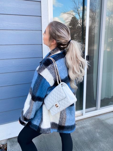 Blue Flannel Jacket Outfit, Blue Plaid Shacket Outfit, Blue Plaid Jacket Outfit, Blue Shacket Outfit Women, Navy Shacket Outfit, Light Blue Plaid Jacket Outfit, Blue Sherpa Jacket Outfit, Blue Long Sleeve Shacket For Fall, Trendy Blue Winter Shacket