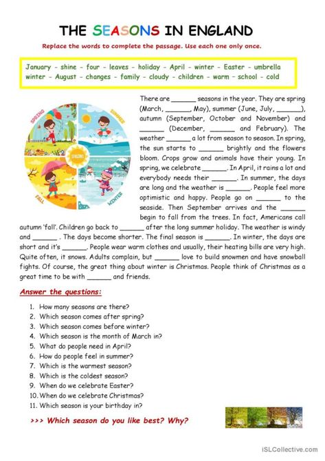 A brief summary of the four seasons. There is a gap fill activity and some comprehension questions. A full key is included. This can be part of a topic on the weather or just a fun activity for beginners Vocabulary Practice, Weather Reading Comprehension, Spelling Homework, Study English Language, English Teaching Resources, English Exercises, Reading Comprehension Strategies, Teach English, Comprehension Strategies