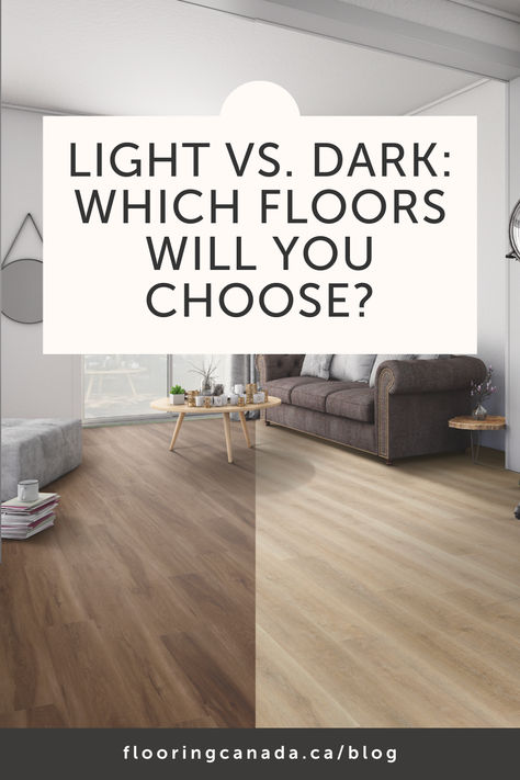 When shopping for new floors, one of the first things to consider is whether you prefer light or dark wood. The debate between dark and light floors has been around for a while, and that’s where our flooring professionals come in. They have the expertise to help you navigate all the important factors as you choose the perfect floor shade for your home. At Flooring Canada, we understand how meaningful these decisions are, so turn to your local showrooms to weigh the pros and cons. Wood Floor Shades, Light Vs Dark Vinyl Flooring, Light Vs Dark Flooring, Light Flooring Dark Trim, Dark Wood Floors Aesthetic, Light Vs Dark Hardwood Floors, Timeless Flooring Colors, Dark Floor Interior Design, Light Vs Dark Wood Floors