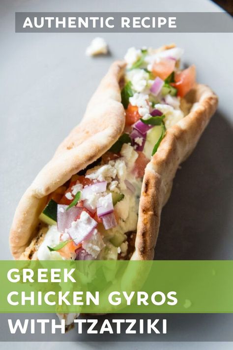 This Greek Chicken Gyros recipe has the most tender, marinated grilled chicken seasoned with all your favorite gyro spices, topped with authentic tzatziki sauce, cucumbers, tomatoes, red onions and feta cheese wrapped in a pita bread for a delicious meal you will want to make again and again! #chicken #gyros #tzatziki #greek #dinner